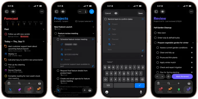 Set of four iPhone screenshots illustrating OmniFocus 4.8 running on iOS 26