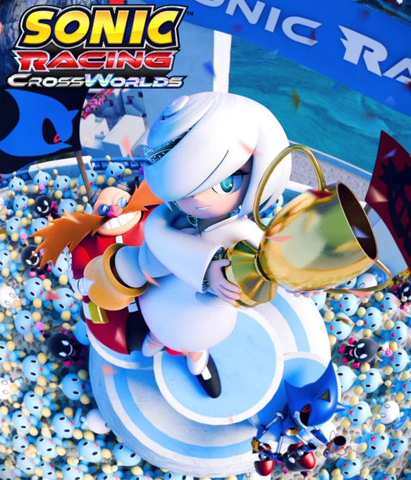 Overhead view of a winner's podium in Apotos with Dr. Eggman propping up Sage as she smiles and holds a first-place trophy. Metal Sonic is seen casually lying down holding its third-place trophy while eyeing Sage. An abundance of Hero, Neutral, and Dark Chao surround the podium while gazing up at the racers.