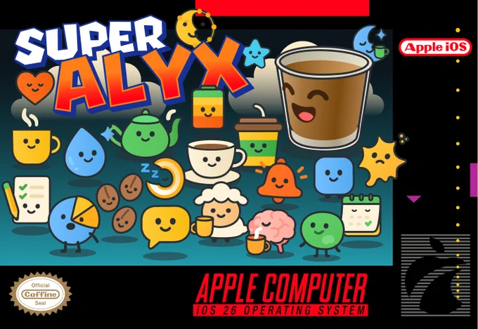 A Super Nintendo style box art for Alyx on iOS 26