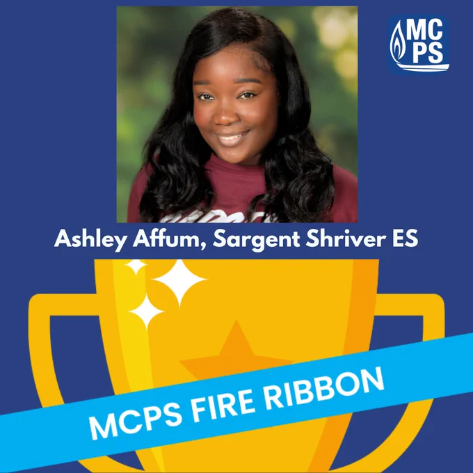 Portrait of a woman with long black hair wearing a maroon top, featured in an MCPS Fire Ribbon recognition graphic.