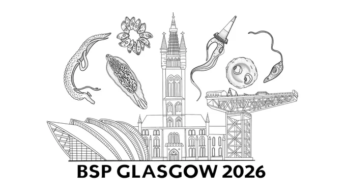 Illustrated logo for BSP Glasgow 2026. The image features detailed black-and-white line drawings of iconic Glasgow landmarks and parasitic organisms. In the center is the University of Glasgow’s main tower. Surrounding it are illustrations of parasites, including helminths, protozoa, and kinetoplastids. On the left is the SEC Armadillo building, and on the right is the Finnieston Crane. Bold text beneath reads: "BSP GLASGOW 2026".