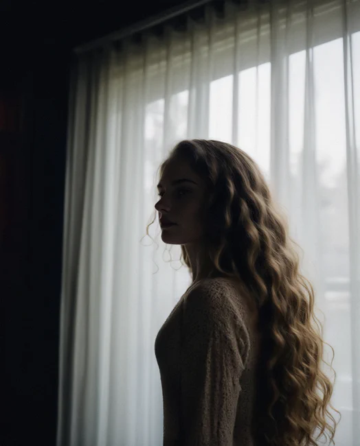A woman with long hair is standing in front of a window, creating a portrait-style image. The indoor setting features curtains and window blinds, adding to the atmosphere. The overall tone appears dark, highlighting her presence as she looks outwards.