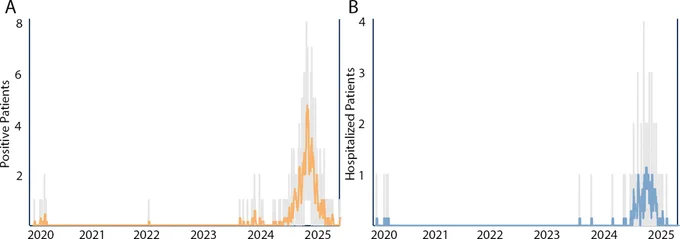 M. pneumoniae positive patients (A) and associated hospital admissions (B) within the Johns Hopkins Health System between 1 January 2020 and 21 May 2025. Colored lines indicate the running 7-day average, and the background gray bars indicate daily cases. Dashboard: Johns Hopkins University.