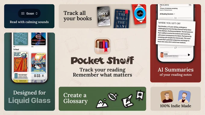 Bento style promo graphic of PocketShelf. The center shows the app icon and logo, with the slogan: "Track your reading. Remember what matters".

Other items show: "Read with Calming sounds", "Track all your Books", "AI summaries of your reading Notes", "Designed for Liquid Glass", "Create a Glossary" and "100% indie made"