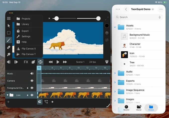 A screenshot of an iPad screen showing a ToonSquid window and a Files app window side by side.
