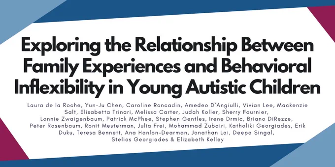 The study title reads, "Exploring the Relationship Between Family Experiences and Behavioral Inflexibility in Young Autistic Children". The study authors include Laura de la Roche, Yun-Ju Chen, Caroline Roncadin, Amedeo D’Angiulli, Vivian Lee, Mackenzie Salt, Elisabetta Trinari, Melissa Carter, Judah Koller, Sherry Fournier, 
Lonnie Zwaigenbaum, Patrick McPhee, Stephen Gentles, Irene Drmic, Briano DiRezze, Peter Rosenbaum, Ronit Mesterman, Julia Frei, Mohammad Zubairi, Katholiki Georgiades, Erik Duku, Teresa Bennett, Ana Hanlon-Dearman, Jonathan Lai, Deepa Singal, Stelios Georgiades, and Elizabeth Kelley.