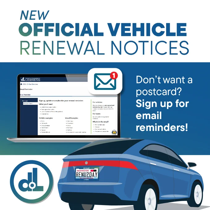 We're issuing new official vehicle renewal notices. No more full-sized letters! Now you'll get either a postcard or an email. Don't want a postcard? Save time and paper by signing up for email reminders at dol.wa.gov.