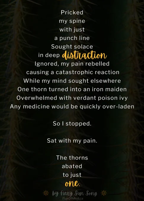 I designed the background in Canva with their stock images (I never use AI tools) to make a darkened composite of cactus needles.

The text in the foreground is white and plain, with the exception of the words 'distraction' and 'one', which are both yellowish-orange and in a cursive font for emphasis.

It reads:

Pricked
my spine
with just
a punch line
Sought solace
in deep distraction    
Ignored, my pain rebelled
 causing a catastrophic reaction
While my mind sought elsewhere
One thorn turned into an iron maiden
Overwhelmed with verdant poison ivy
Any medicine would be quickly over-laden

So I stopped.

Sat with my pain.

The thorns
abated
to just
one.

By Fiery Sun Song Fluxofmind.ca 