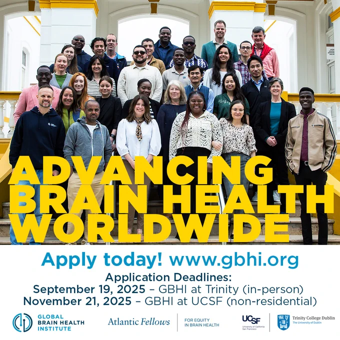 Group of diverse fellows standing on stairs with text: Advancing Brain Health Worldwide.