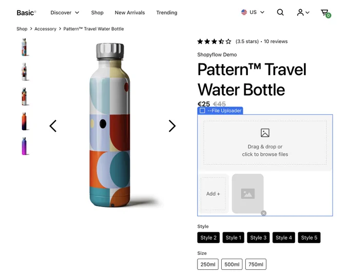 Shopyflow file uploader seen in a product detail page