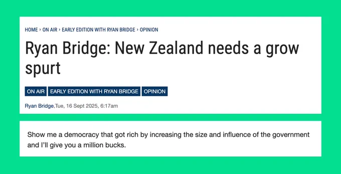 "Ryan Bridge: New Zealand needs a grow spurt
...
Show me a democracy that got rich by increasing the size and influence of the government and I’ll give you a million bucks."