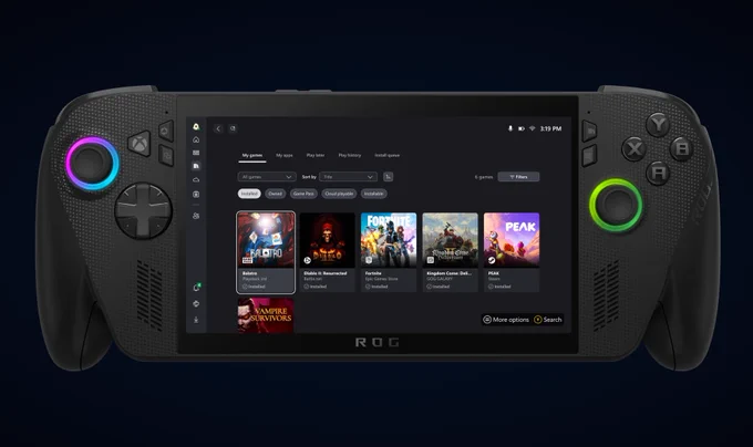 The ROG Xbox Ally X displays the Xbox app library on its screen. The device shows a list of installed games including Balatro, Diablo II: Resurrected, Fortnite, Kingdom Come: Deliverance, and Peak, with colorful illuminated joysticks on each side.