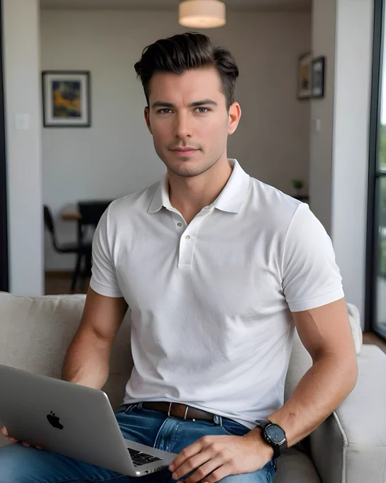 Michael Allen, a fit 26-year-old clean-shaven Caucasian man with short, neatly styled dark brown hair and blue eyes, sits on a beige sofa in his modern Memphis condo. He wears a crisp white polo shirt, jeans, and a black wristwatch while holding an open silver MacBook on his lap. Natural daylight streams in through large windows behind him, highlighting his focused yet calm expression. Framed art decorates the wall and a dining table is visible in the background. Keywords: Michael Allen, Memphis condo, young professional, remote work, lifestyle influencer, relationship journey, virtual storytelling.