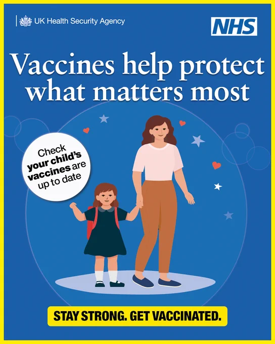 A woman holds the hand of a small child wearing a backpack. The text on the image says, ‘Vaccines help protect what matters most
Check your child's vaccines are up to date
Stay strong. Get vaccinated.’