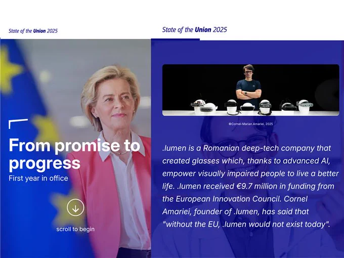 Seeing .lumen named in the State of the Union by @ursulavonderleyen is surreal.

To be held up as an example of what European innovation can look like means a lot to us. 

If you believe startups should solve real problems, we’re with you.