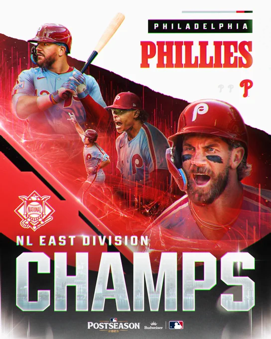 Philadelphia Phillies NL East Champs
MLB Postseason 2025 presented by Budweiser
Pictured: Cutouts of Kyle Schwarber, J.T. Realmuto, Jesús Luzardo and Bryce Harper in light blue alternate Phillies uniform and maroon batting helmets or hats within a laser field of red light.