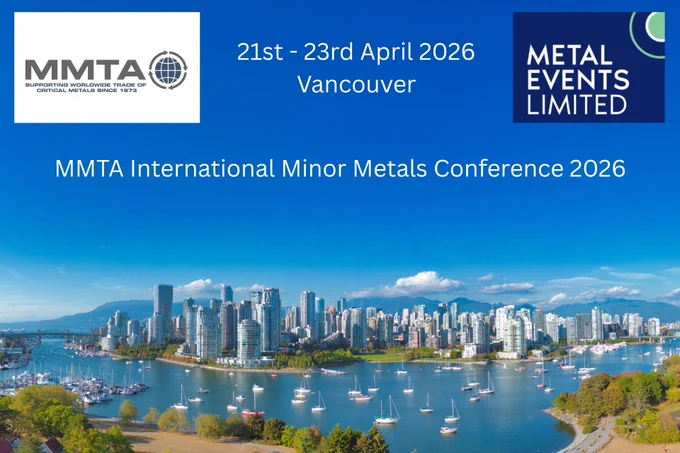 Seafront view of Vancouver with MMTA and Metal Events logos and text 21st-23rd April 2026, Vancouver, MMTA International Minor Metals Conference 2026.