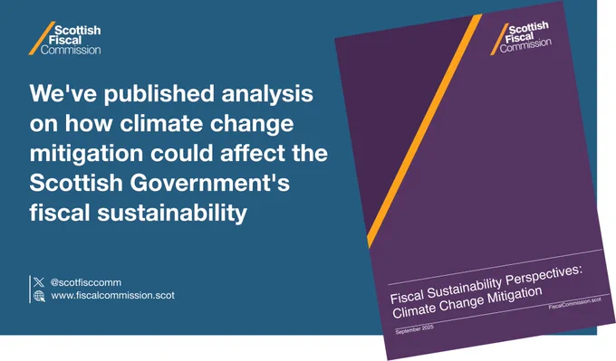 The words “We’ve published analysis on how climate change mitigation could affect the Scottish Government’s fiscal sustainability” alongside the cover page for our publication.