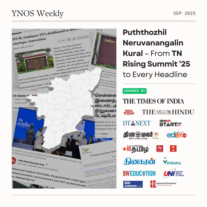 Poster showing media coverage and national headlines about InnovationTN, a startup and innovation dashboard for Tamil Nadu. Launched at TN Rising Conclave 2025 with contributions from YNOS Venture Engine, CREST (IIT Madras) and Guidance Tamil Nadu, showcasing state startup investments, jobs, and ecosystem impact.