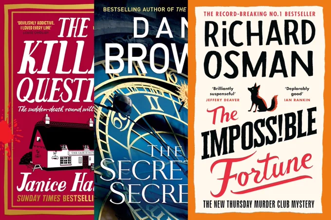 Collage of book covers. (L-R) The Killer Question by Janice Hallett; The Secret of Secrets by Dan Brown; The Impossible Fortune by Richard Osman.