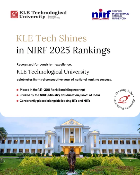 Progress is meaningful when it is consistent.

For the third year in a row, KLE Technological University has been recognized in the NIRF Rankings, an achievement that stands as a testament to our pursuit of academic excellence and innovation.

This recognition is not just about numbers but about the collective effort of everyone at KLE Tech who works tirelessly to build a culture of knowledge, values, and impact. With every milestone, we move closer to our vision of being among the finest institutions in the country.
