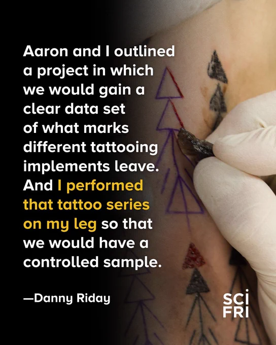 Image of the making of a tattoo using ancient implements. Text says: Aaron and I outlined a project in which we would gain a clear data set of what marks different tattooing implements leave. And I performed that tattoo series on my leg so that we would have a controlled sample. —Danny Riday