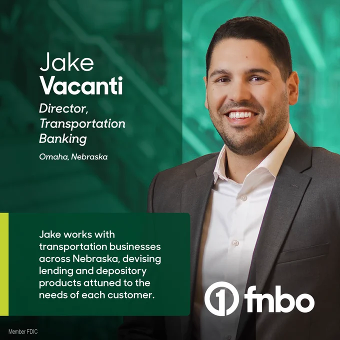 Jake Vacanti, Director, Transportation Banking
Omaha, Nebraska.
Text: Jake works with transportation businesses across Nebraska, devising lending and depository products attuned to the needs of each customer.