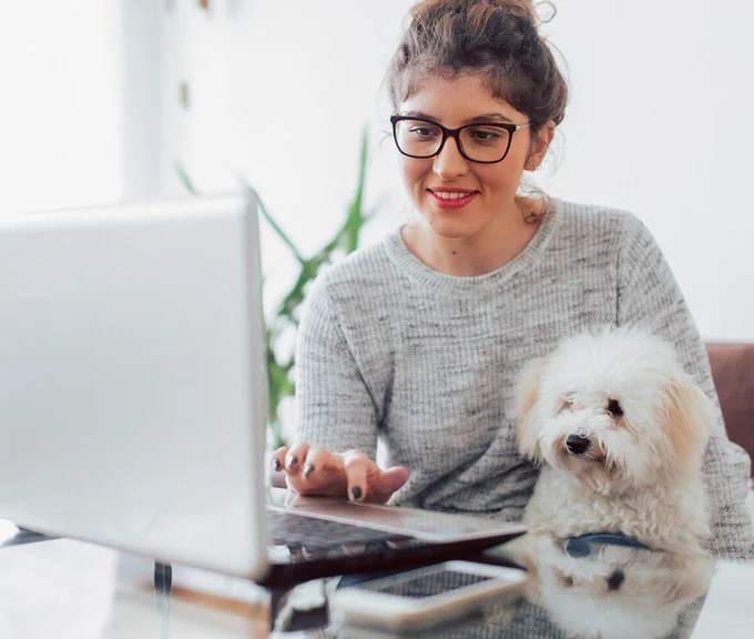 Business owner sitting at a computer with their pet dog on their lap.
