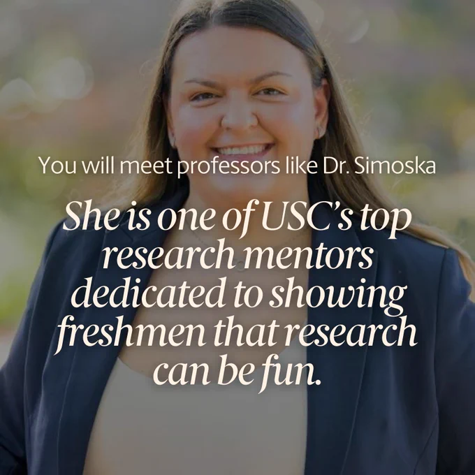 Dr. Simoska, one of USC's top mentors, smiling in professional attire with a blurred background.
