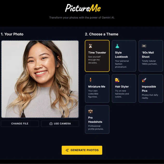 A screengrab of an interactive Canvas app called PictureMe, using Gemini's nano-banana image model in the Gemini app. Under the PictureMe heading it says "Transform your photos with the power of Gemini AI." On the left is an upload field for a photo, with a headshot of a smiling woman included as the file. On the right is an area to select the theme for the image edits you'd like to make. These options include: Time Traveler, Style Lookbook, '80s Mall Shoot, Miniature Me, Hair Styler, Impossible Pics, and Pro Headshots. The Time Traveler option is selected. On the bottom of the screen is a yellow button that says "Generate Photos."