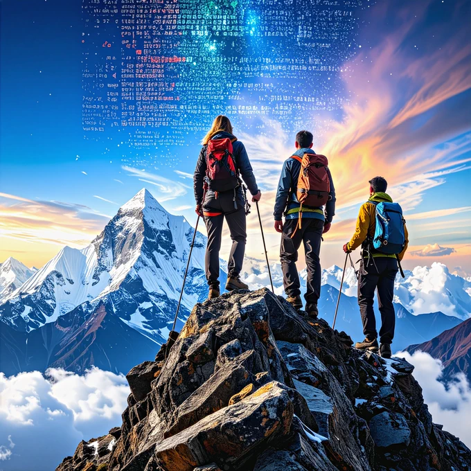 Three climbers atop a mountain, admiring the Aurora Borealis of code.  Copyright 2025 Anna E. Molosky.  All rights reserved.