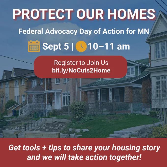 Promotional flyer titled 'Protect Our Homes' for an event on September 5 from 10-11 AM, featuring a background image of suburban houses. Includes a registration link and encourages sharing housing advocacy tools and tips.