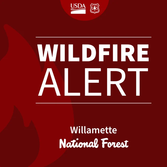 Red background with white text that says, "wildfire alert Willamette National Forest."