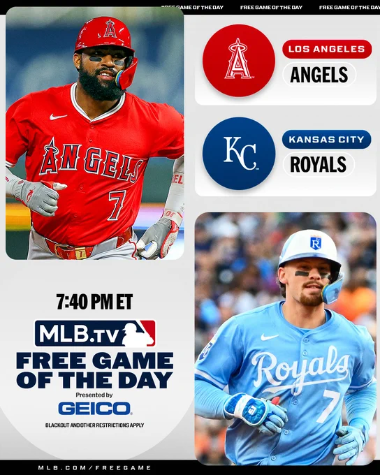 MLB.TV Free Game of the Day, Presented by GEICO
Blackout and other restrictions apply
MLB.com/FreeGame

Los Angeles Angels vs. Kansas City Royals
7:40 PM ET

Pictured:
Top left - Jo Adell wears a red Los Angeles Angels jersey and a red batting helmet.
Bottom right - Bobby Witt Jr. wears a light blue Kansas City Royals jersey and a white and blue batting helmet. 