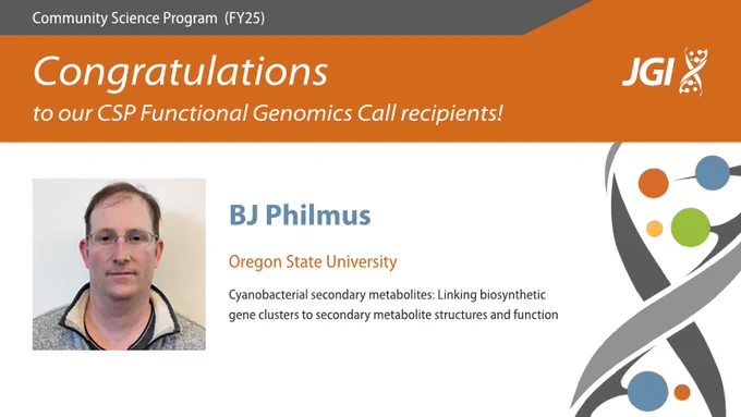 A headshot sits beside the researcher's name and affiliation, with the project title below: Cyanobacterial secondary metabolites: Linking biosynthetic gene clusters to secondary metabolite structures and function