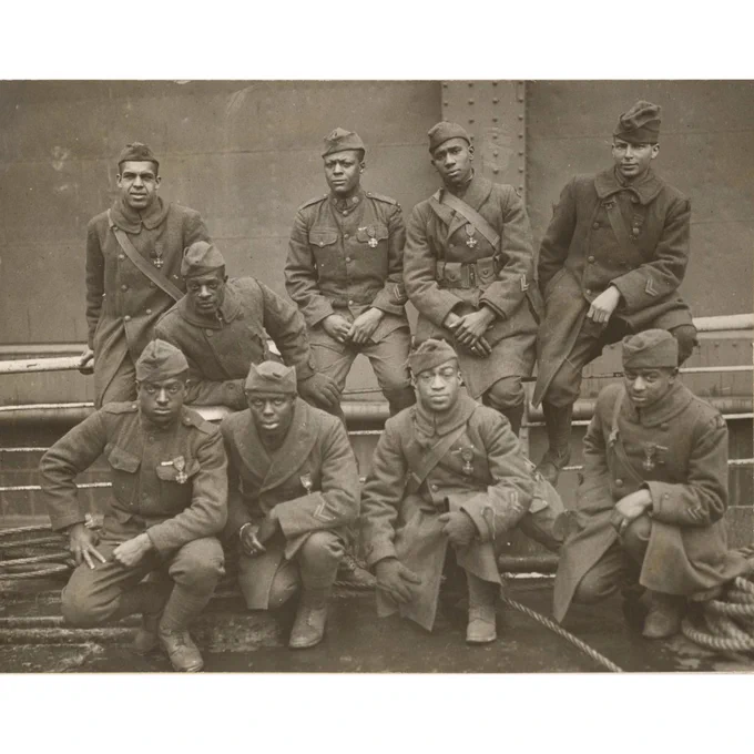 The 369th Infantry Regiment seen on board the USS Stockholm, as the soldiers awaited disembarkation in New York City, February 12, 1919. National Archives Identifier 2643128 (cropped)