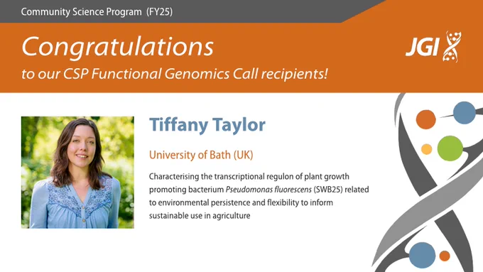 A headshot sits beside the researcher's name and affiliation, with the project title below: Characterising the transcriptional regulon of plant growth promoting bacterium Pseudomonas fluorescens (SWB25) related to environmental persistence and flexibility to inform sustainable use in agriculture
