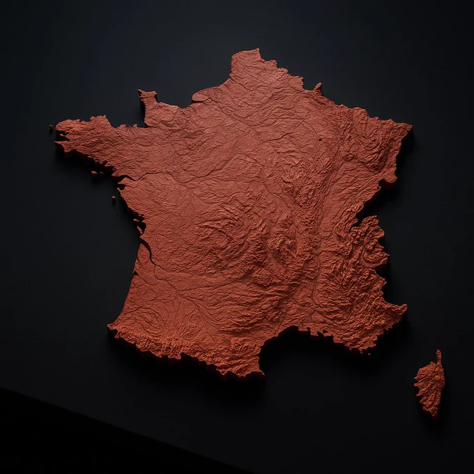 A highly detailed 3D topographic map of [COUNTRY], rendered in artistic clay-like texture with earthy red and terracotta tones, subtle shadows, and fine relief details. Minimalist background, isolated on a light neutral surface, cinematic lighting, ultra realistic.