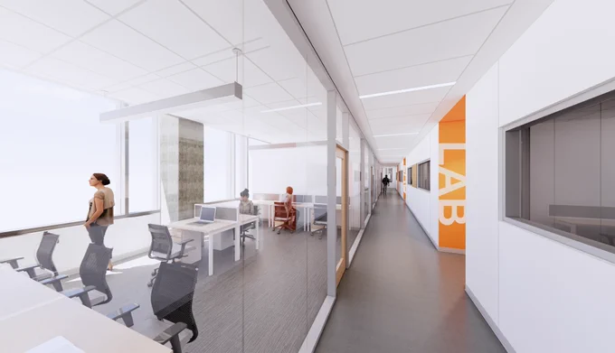 Architectural rendering of the interior view of a bright, modern office and lab corridor with individuals working at desks and walking. Features large windows, minimalist furniture, and a prominent orange wall labeled 'Lab."