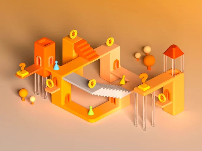 3D illustration featuring platforms and pathways at different levels, connected by stairways and bridges. Board game-style paws, coins, and question marks are placed across the structure.