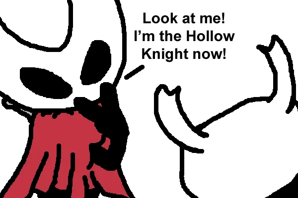 fan art de Hollow Knight Silksong com a Hornet apontando para os olhos e dizendo "Look at me! I'm the Hollow Knight now!"