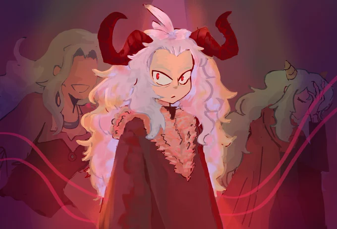Pooka at the centre of the piece; behind her is Lover and a dizzy Confessor. A prominent red spreads out from the Pooka, implicating her ability to corrupt her neighbours