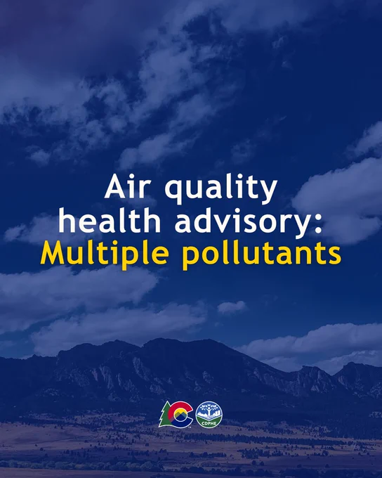 Air quality health advisory for multiple pollutants text on a blue background over an image of mountains.
Logos at the bottom.