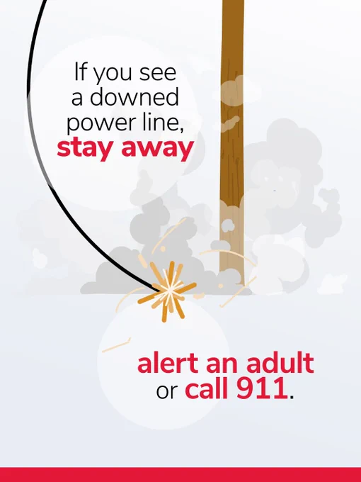 Safety poster with text warning kids against approaching downed power lines and advising to alert an adult or call 911.