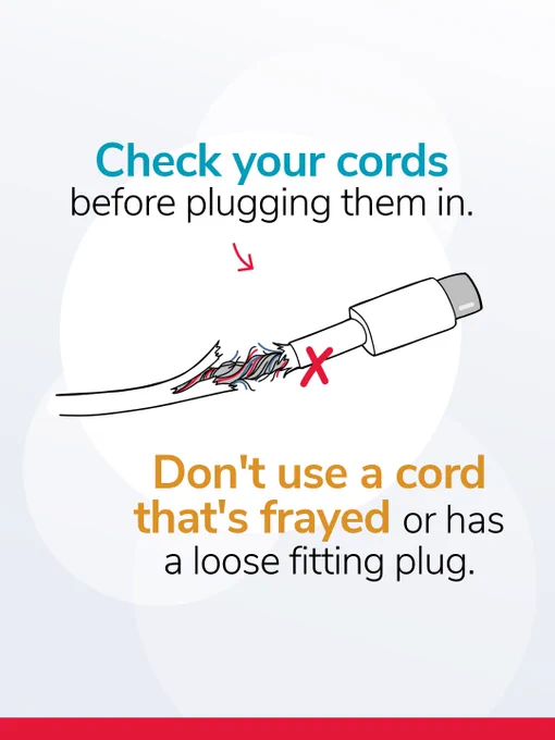 Illustration of a frayed electrical cord with a warning not to use it if it's damaged, emphasizing safety checks before use.