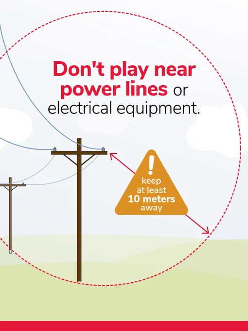 Safety poster advising kids to keep at least 10 meters away from power lines and electrical equipment.