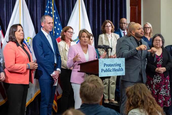 Governor Healey at protecting public health press conference.