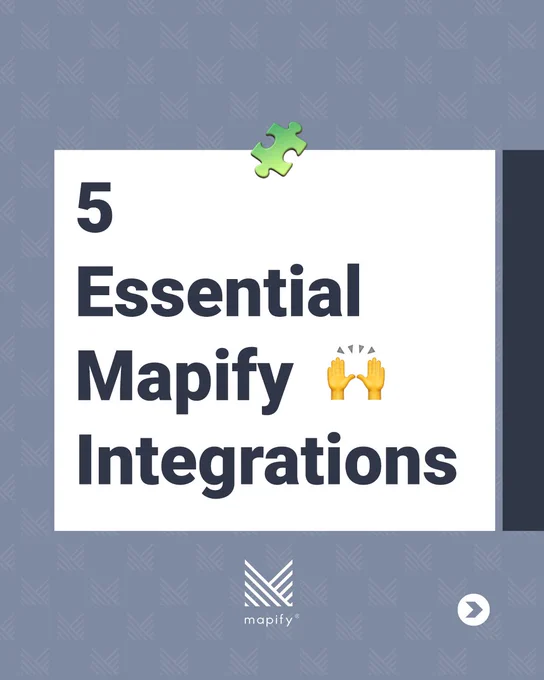 Graphic with a blue patterned background and white box. Text reads: “5 Essential Mapify 🙌 Integrations.” A green puzzle piece icon appears at the top. Mapify logo at the bottom.