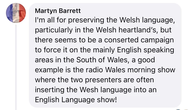 Facebook comment posted to the page of Andrew RT Davies