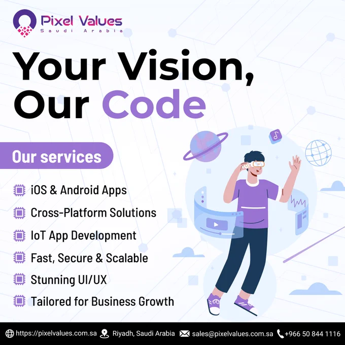 At Pixel Values Saudi Arabia, we create future-ready mobile applications that are fast, secure, and user-friendly. From iOS & Android apps to cross-platform solutions (Flutter, React Native, Xamarin & Ionic) and even smart IoT apps – we’ve got you covered! 🌐💡

✅ Engaging UI/UX
✅ Scalable & Secure Solutions
✅ Tailored for Your Business Growth

📲 Let’s build the app your business deserves!